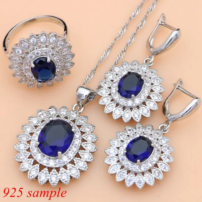 Natural Oval Blue Zircon White CZ Silver 925 Jewelry Sets For Women Party Earrings/Pendant/Necklace/Rings/Bracelet Dropshipping