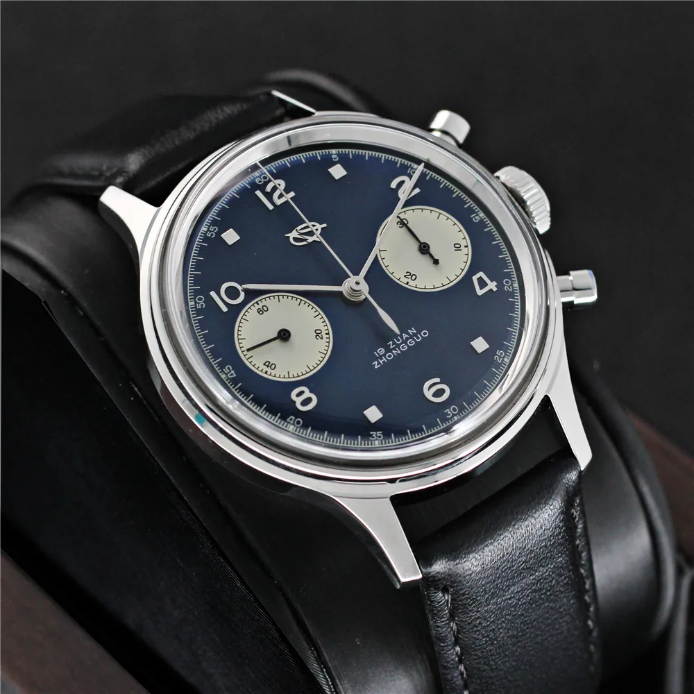 RED STAR 1963 38mm Dark Blue Men Chronograph Watch Acrylic Sapphire Glass Mirror ST1901 Gooseneck Clock Man relogio masculino