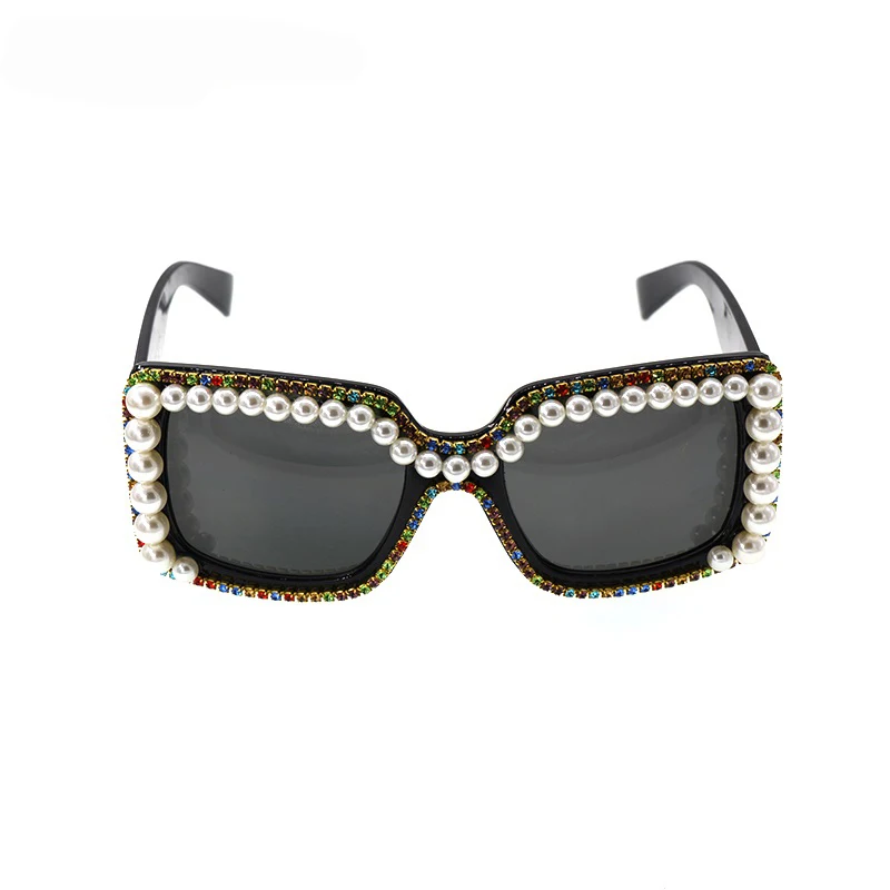 new women fashion sunglass square lens crystal+pearls shining oversize baroque sunglasses women glasses