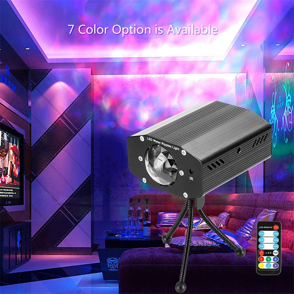 Proyector de luces LED con efecto de ondas de agua, luces de escenario activadas por sonido con Control remoto para DJ, KTV, discoteca, 7 colores