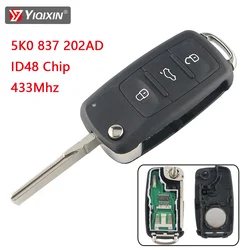 YIQIXIN-Chip de dobramento remoto da chave do carro, 434Mhz, ID48 Chip, apto para VW, Volkswagen, Caddy, golfe, polo, Tiguan, Jetta, Passat, Touran, Touareg, 5K0837202AD