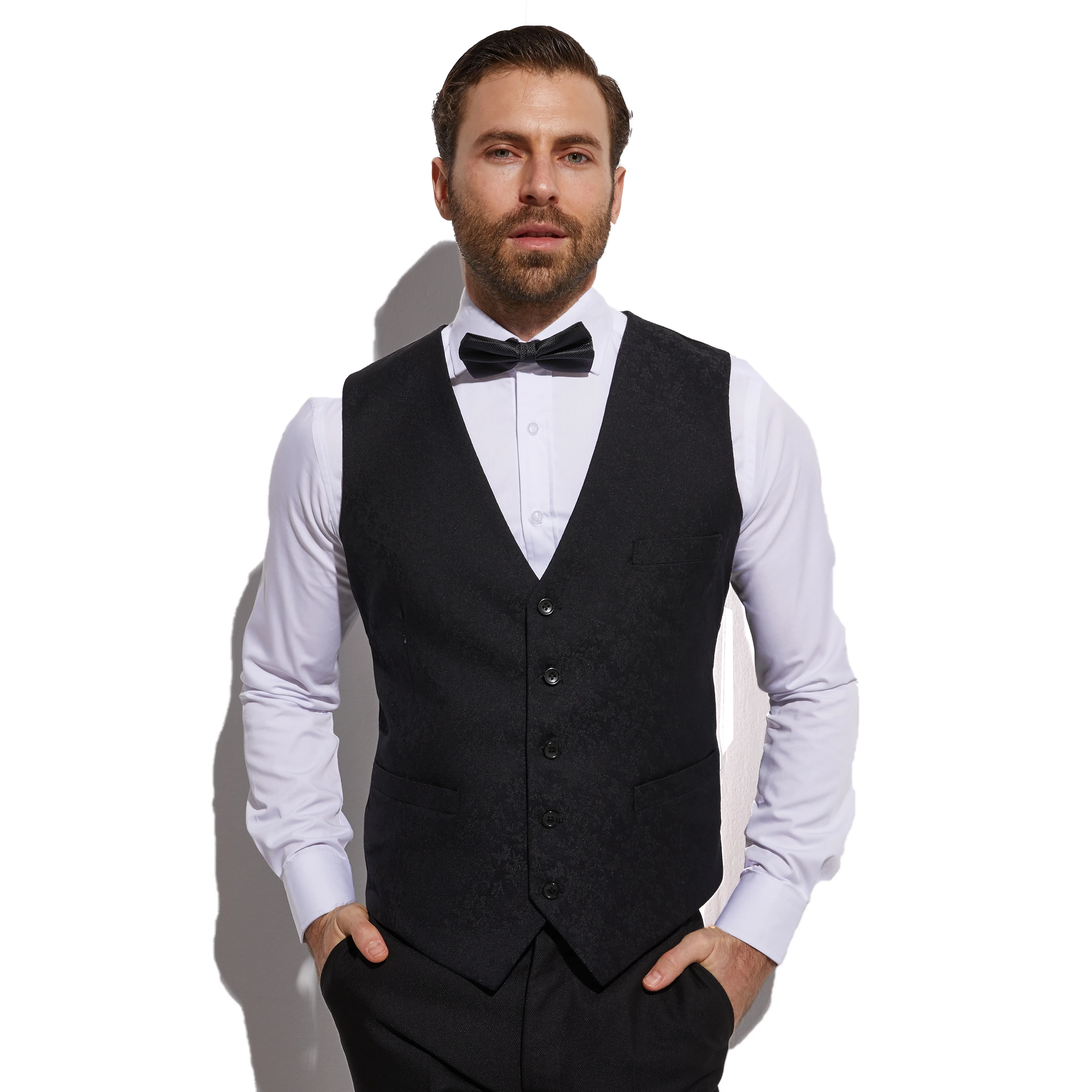 2020 Slim Fit Dark Charcoal Grey Groom Suit With Jacquard Vest Custom Made 3 piece Wedding Suits For Men  Wedding Groom Tuxedo