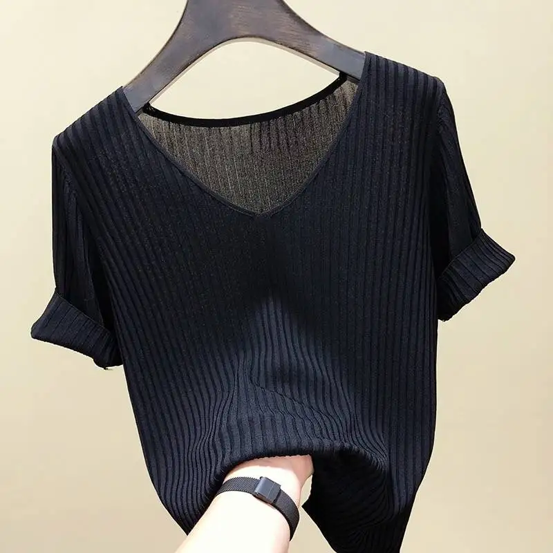 AOSSVIAO 2026 Basic V-Ausschnitt Einfarbiger Dünner Sommer Damen Pullover Weiblicher Dünner Gerippter Strickpullover Schlanker Kurzarm Bodycon Pullover – Detail 7