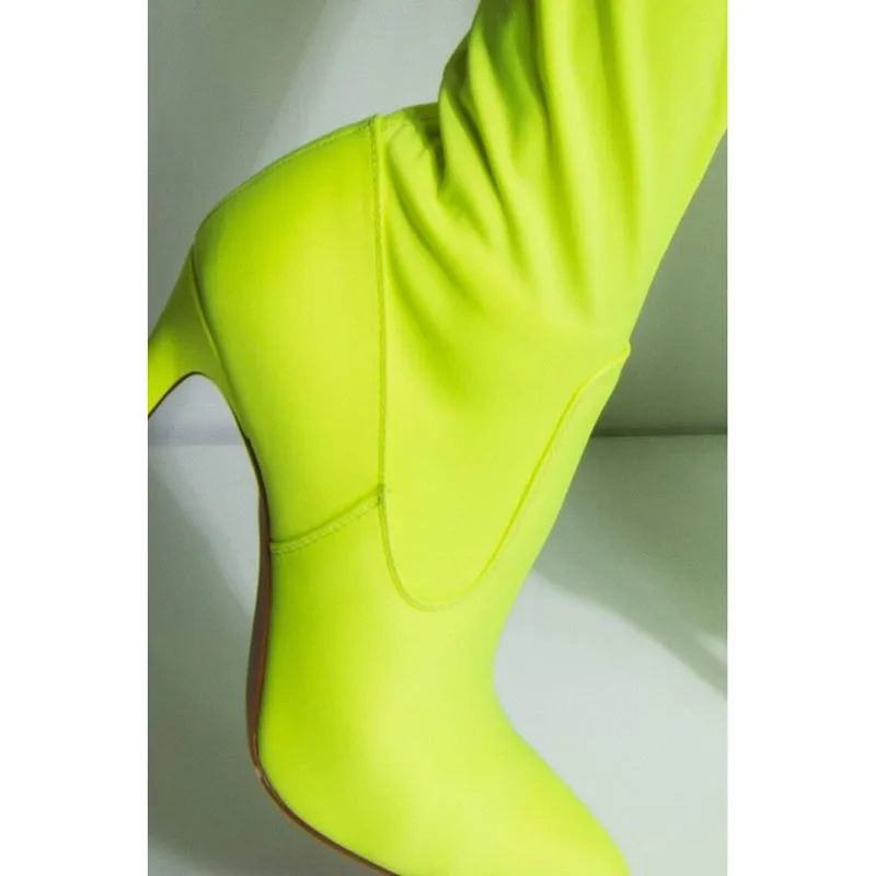 New Sexy Neon Green Crotch High Boots Pointied Toe Belted Buckle Thigh High Boots Stiletto Boots Women Over The Knee Boots