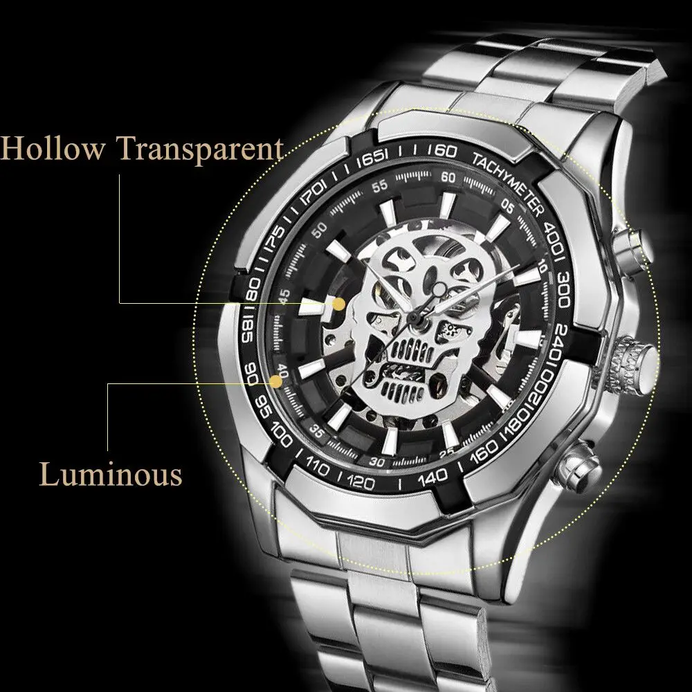 WINNER Steampunk Skull Auto Mechanical Watch Men Silver Stainless Steel Strap Skeleton Dial Fashion Cool Design Wrist Watches