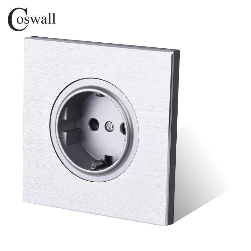 Coswall Black / Silver Grey Brushed Aluminum Panel EU Russia Spain Wall Power Socket Outlet Grounded With Child Protective Lock