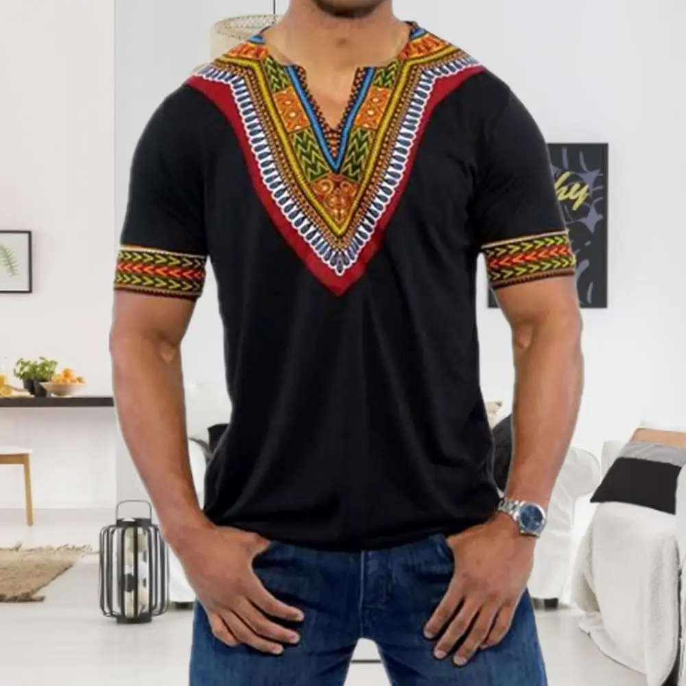 African traditional clothing for men dashiki summer t shirt Short Sleeve V Neck t-shirt male ethnic africa clothes Round Neck