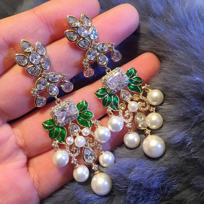 

HIBRIDE Luxury Flowers Cubic Zircon Crystal Long Dangle Earrings For Women African Bridal Earring aretes de mujer modernos E-821