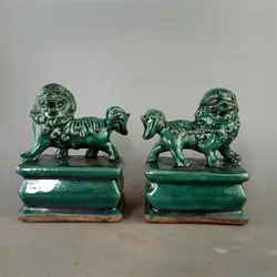 A Pair Chinese Style Green Glaze Porcelain Foo Fu Dog Guardion Lion Statue 3.94