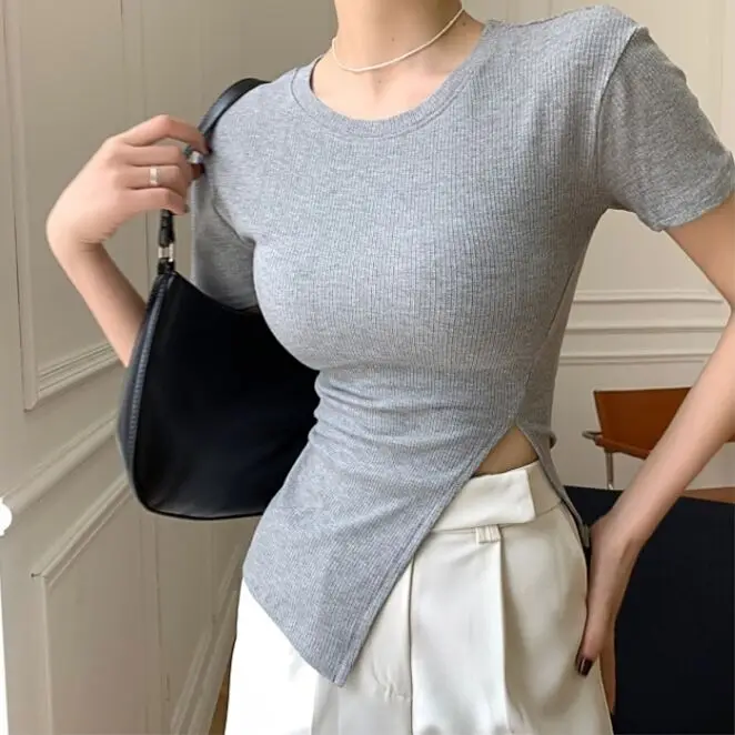 2021 Summer Women O-neck Short Sleeve Cotton T-shirts Tees Girls Solid Slim Split Tees T shirts Tops For Female Real Photos