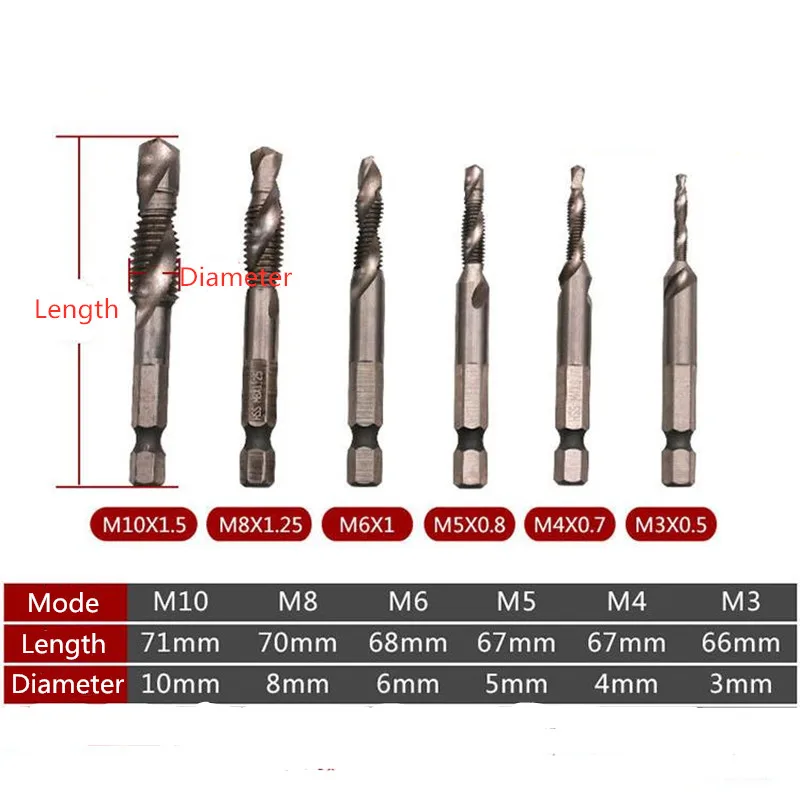 1pc M3 M4 M5 M6 M8 M10 Metric Screw Taps Drill Bits HSS 1/4\'\' Hex Shank Thread Tap Spiral Screw Drill Bit Woodworking Tools