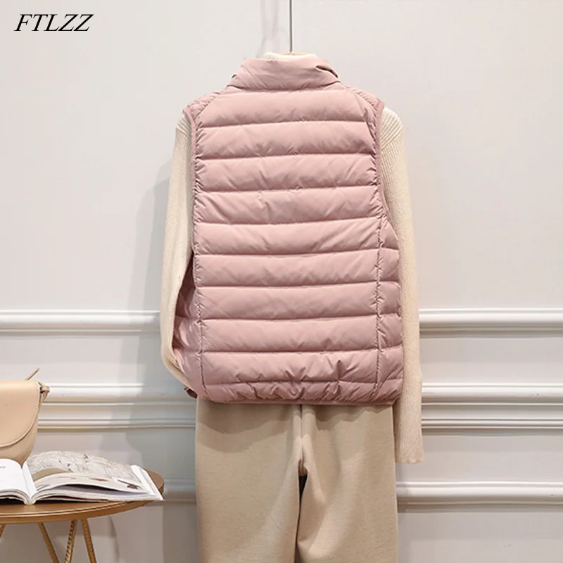 FTLZZ  Autumn Winter Ultra Light Down Vest Jacket Women Windbreak Sleeveless Short Coat  3XL White Duck Down Waistcoat