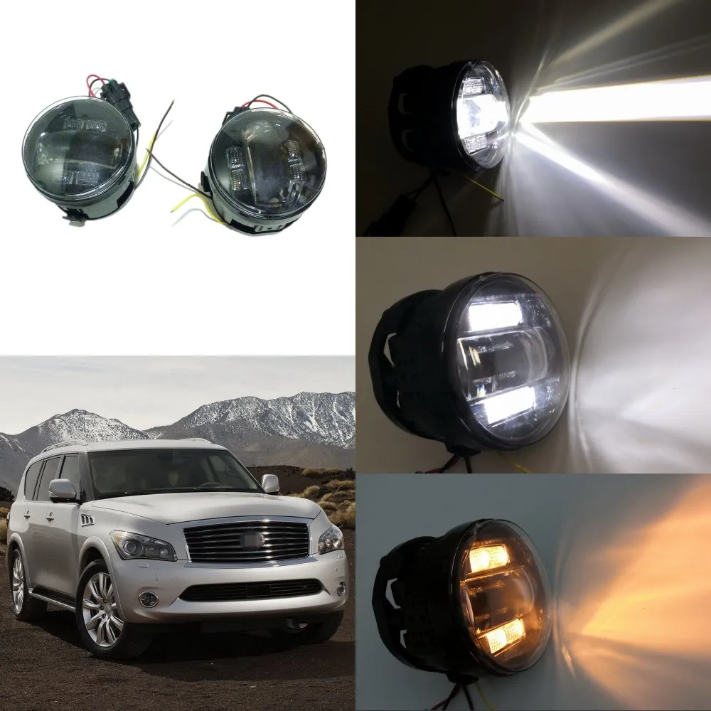 

July King 6000k 3000LM LED Fog Lamp Case for Infiniti QX56 2011-2015, 20W Lens Fog Lamp + 6W White DRL+ 4W Yellow Turn Signals