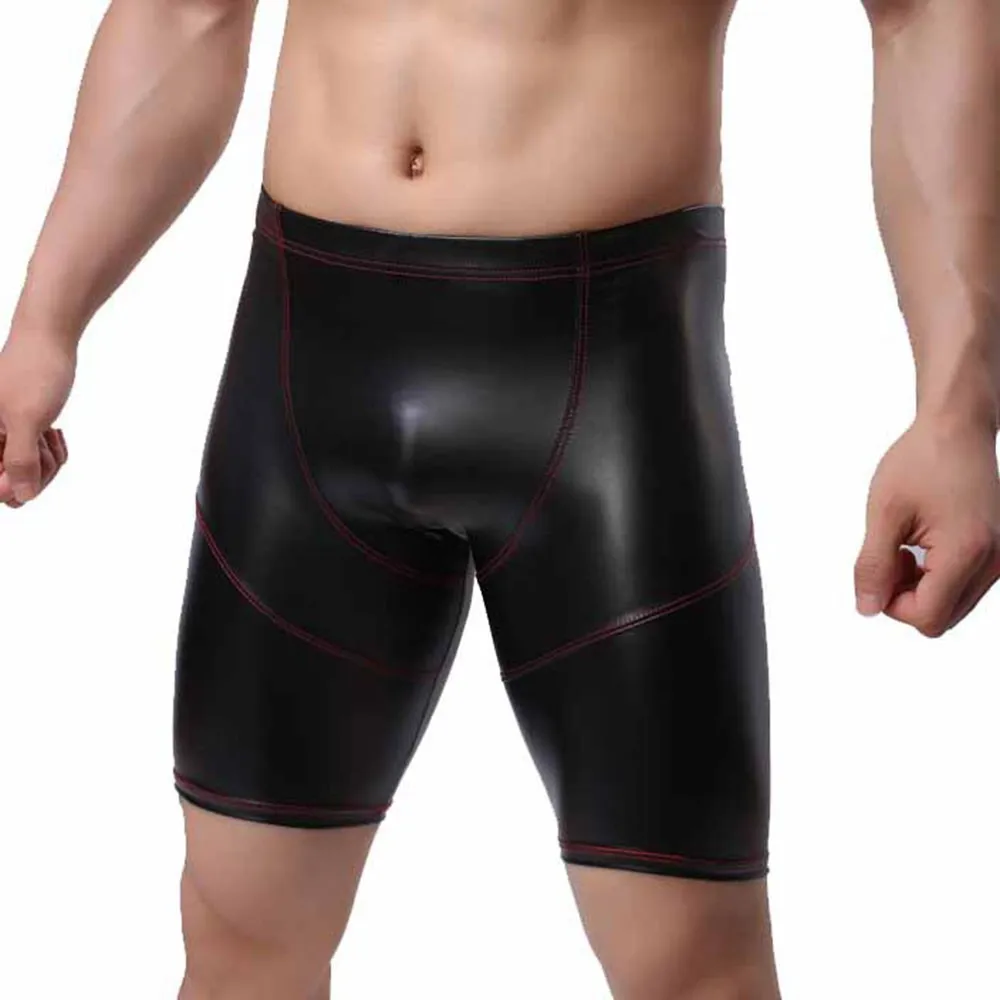 

Mens Sexy Long Leg Boxers PU Leather Solid Underwear Elastic Panties Mid-Waist Black Pants Male Breathable Leather Trunks