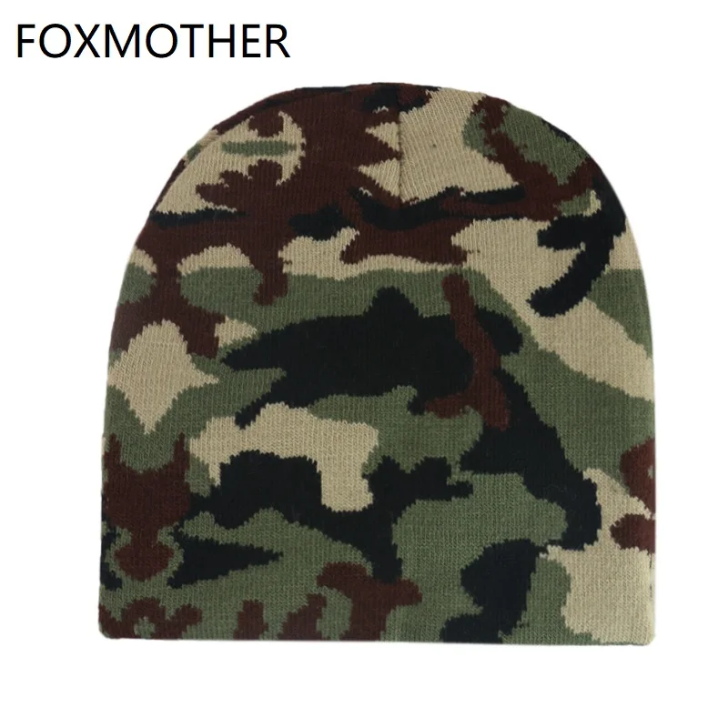 FOXMOTHER New Winter Outdoor Warm Knitted Army Green Camouflage Beanie Hats For Mens Bonnet Gorro