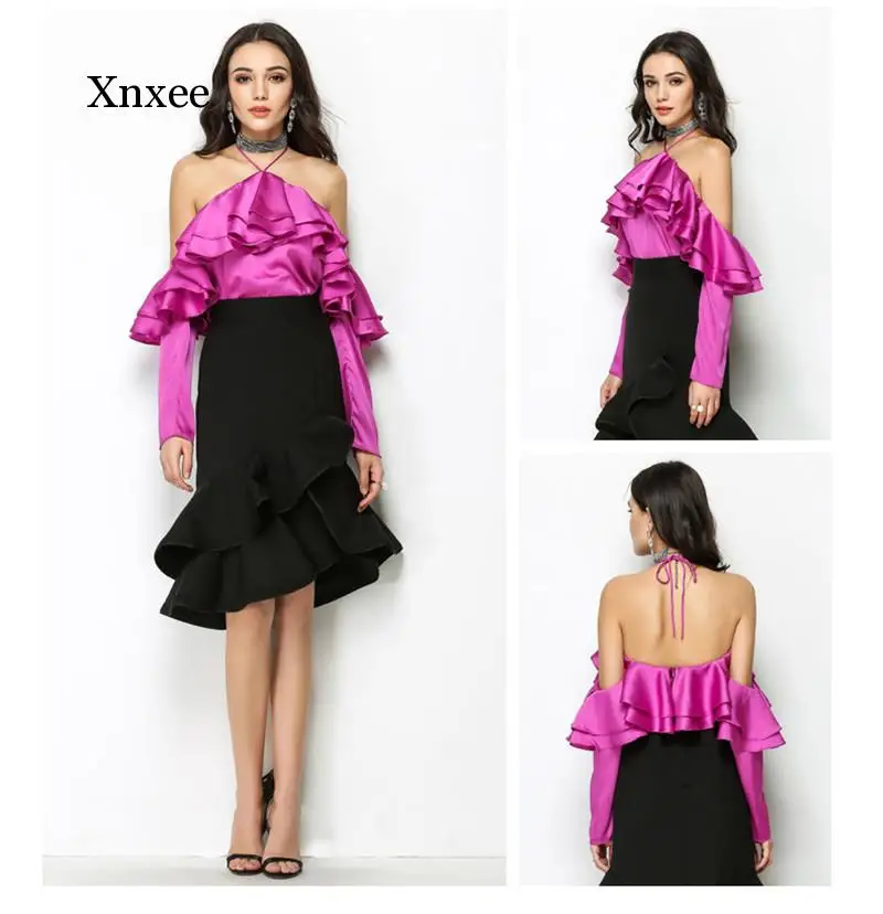 Spring Summer Ruffle Strapless Women Sexy Satin Slash Neck Shirt Solid Backless Ladies Halter Full Sleeve Office Elegant Blouse