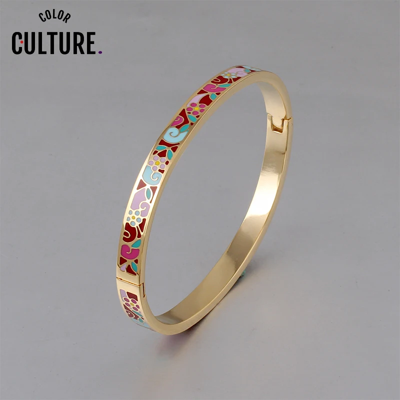 Bangles for Women Cuff Fashion 0.6mm Width Ethnic Colorful Flower Pattern Enamel Jewelry