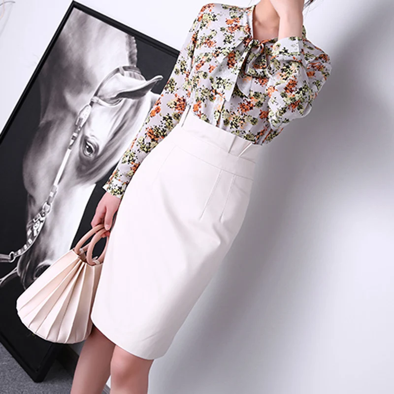 Skirt Women 2021 Female Genuine Leather Elegant Bud Folded Ruffled High Waist Wrap Jupe Mujer Pure White/Yellow Mid Saias