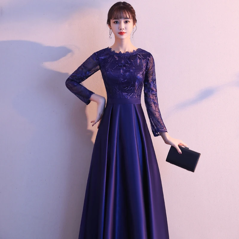 Wei yin AE0247 Dubai-Vestidos de Noche de lujo de encaje azul marino, manga larga, corte en A, moda musulmana, elegantes vestidos de noche