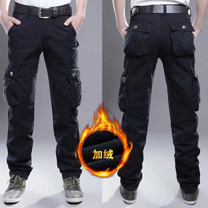 Multi-pockets Winter Mens Warm Windproof Overalls Outdoor Riding Training Climbing Sport Fleece Breathable Thermal Cargo Trouser