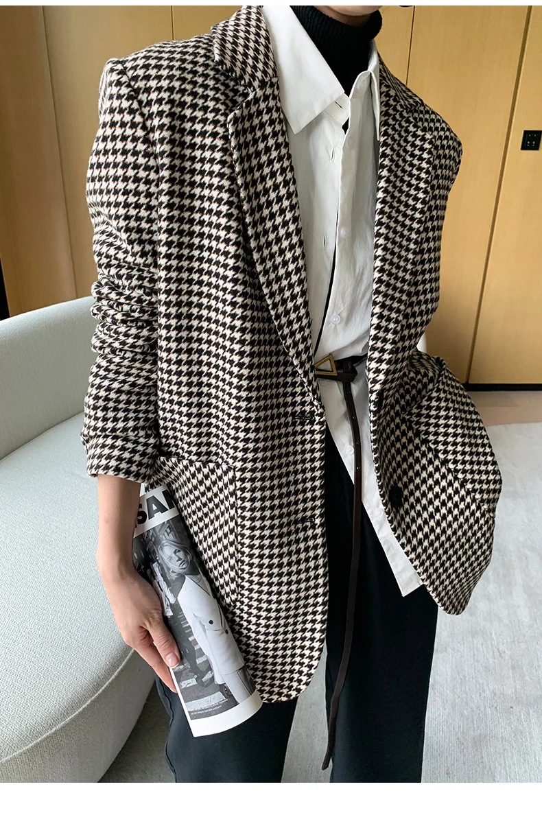 Retro houndstooth woolen small suit jacket 2021 spring new temperament Korean thick woolen cloth ladies