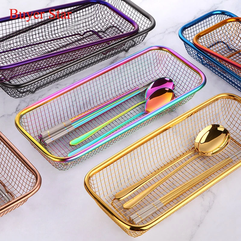 Stainless steel Cutlery Storage basket mesh chopsticks Holder Tableware Organizer Spoons Fork Storage Box Metal Container Rack