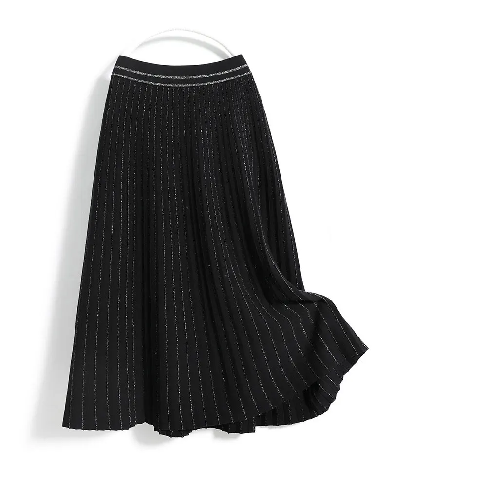 2021 Autumn/Winter Women Skirt Elastic High Waist Elegant A-Line Skirts Women Thick Kint Stripe Skirts Jupe Femme Saias Outwear