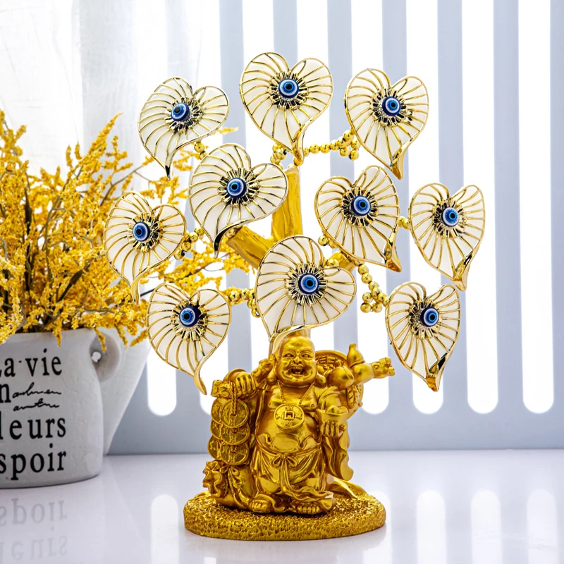 

H&D Turkish Evil Eye Tree With Painted Golden Buddha Statue Money Tree Showpiece Home Office Decor for Wealth Health Good Luck