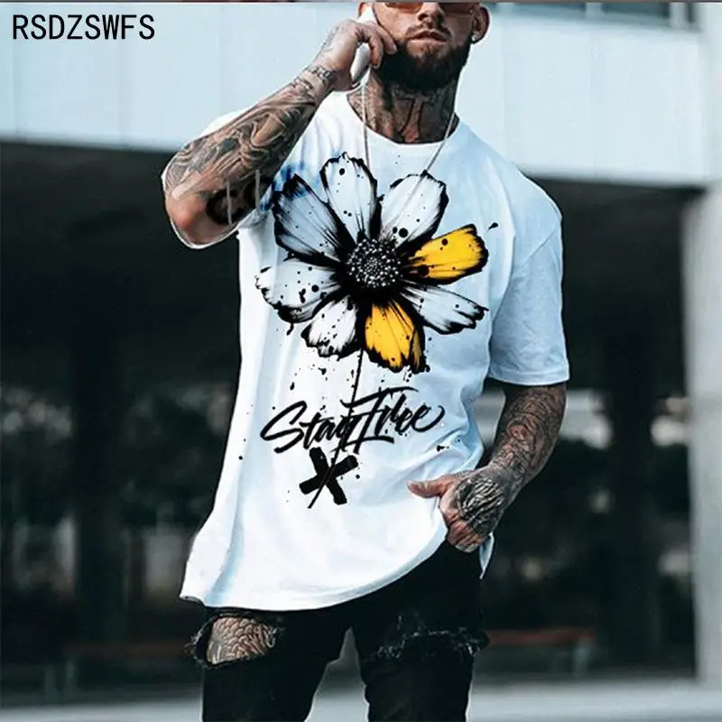 Summer street trend to wear men's 3D printed T-shirt white sunflower letter printing casual breathable large size T-shirtXXS-5XL