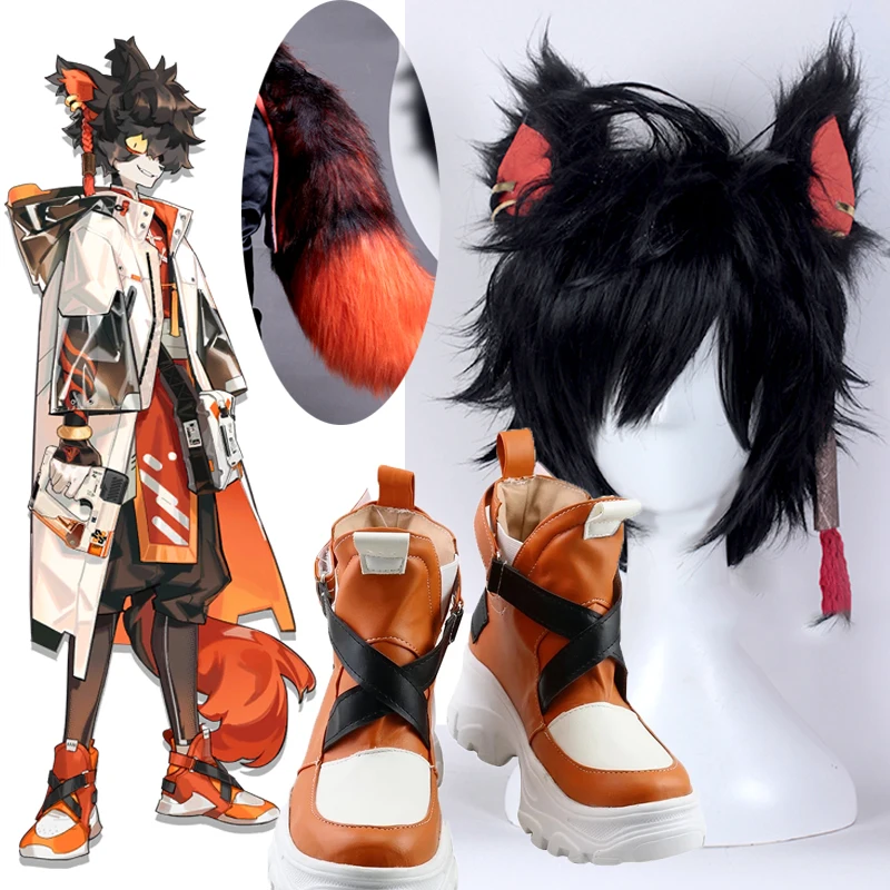 Arknights Aak cosplay wigs tail ears and White Orange Shoes Cosplay Long Boots Leather Custom Made For Party Christmas Halloween