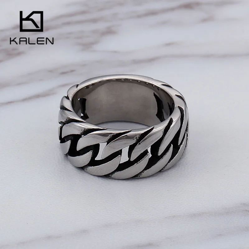 KALEN  Cuban Link Chain Ring Men Size 8-12 Stainless Steel High Polished 10mm Chain Link Finger Rings Cheap Biker Jewelry