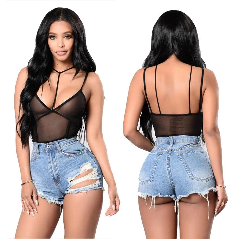 Deep V Neck Mesh Bodysuit Women Fashion Black Sexy Jumpsuit Ladies Body Female Mesh Bodysuit