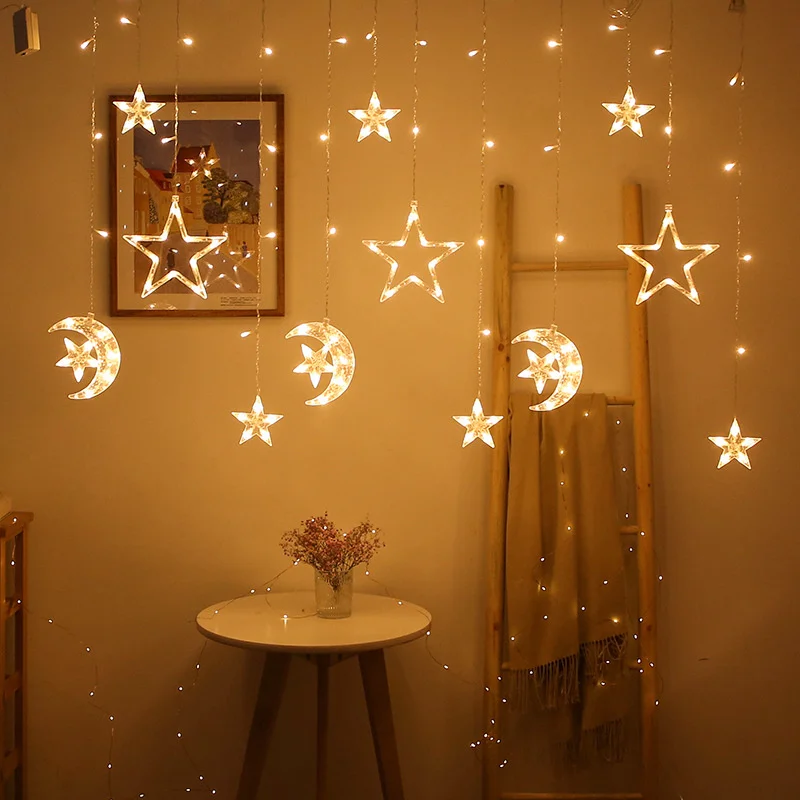 Novo led lua estrela cortina luzes da corda 220v plugue da ue guirlanda de natal luzes de fadas para festa de casamento casa decoração ramadan