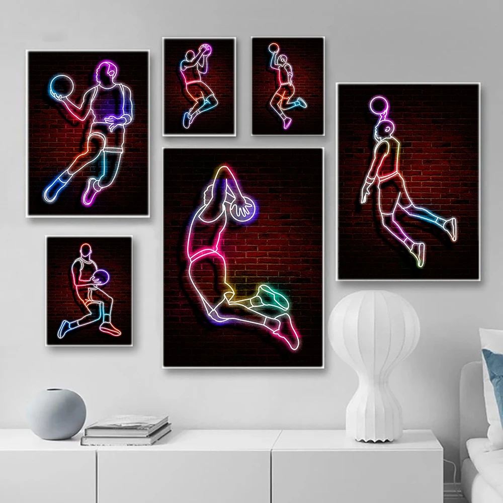 Neon Art Printed Fancy Basketball Sports Poster Street Wall Art Abstract Canvas Painting Gift Creative Men's Office Home Decorat