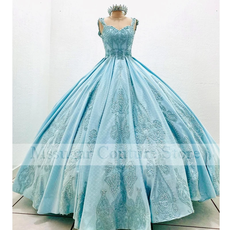 2022 Light Blue Ball Gown Quinceanera Dresses Sweetheart Applique Formal Pageant Gowns for Girls