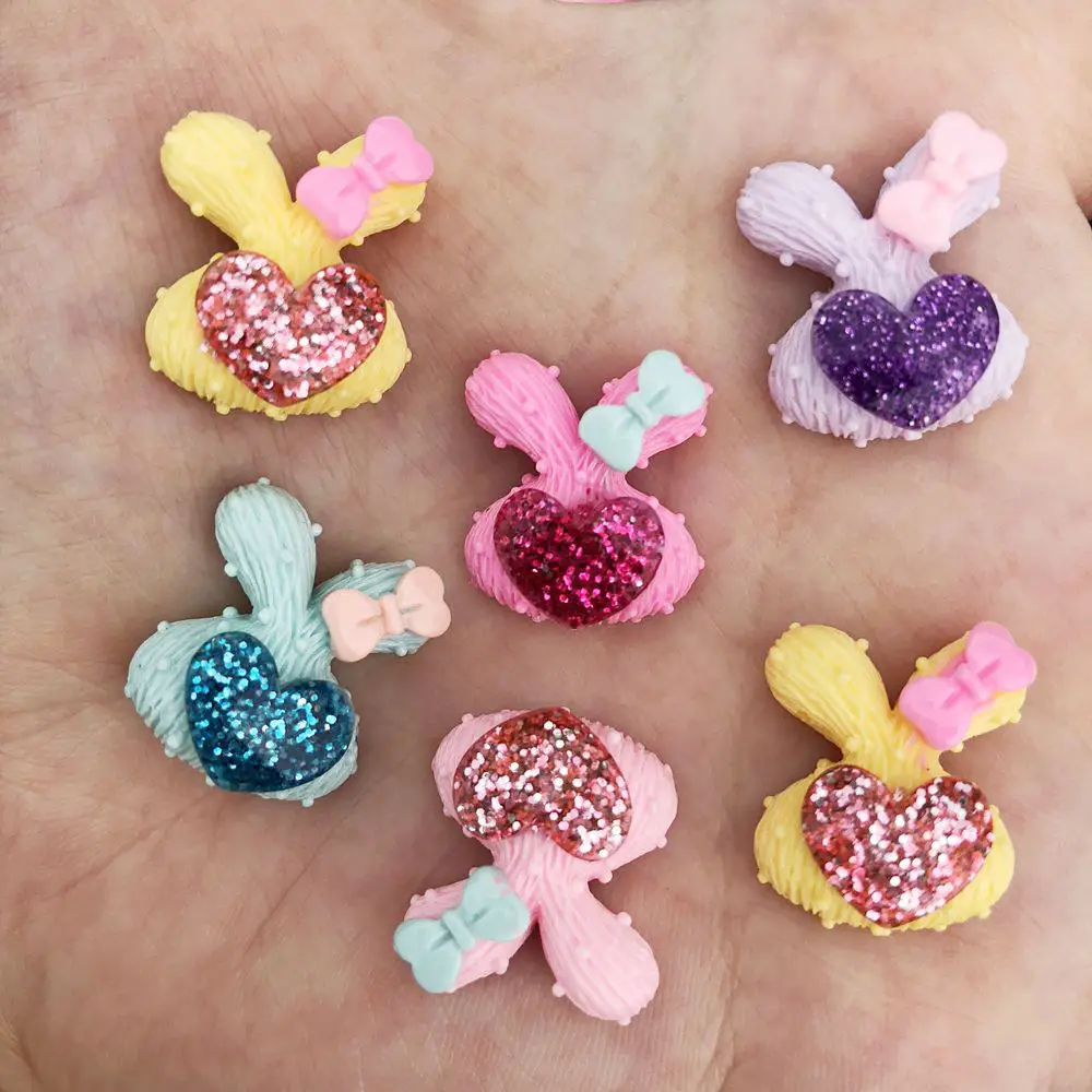 10pcs Mix Resin  Colorful Glitter Paillette Filled Bow Gold Powder Rabbit Flatback Stone Child Scrapbook Home Accessories OF251