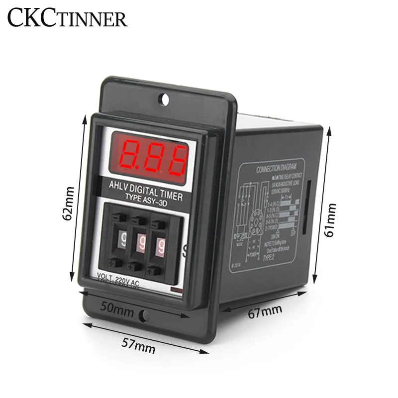 ASY-3D Delay Timer Time Relay 8PIN with base DC12V DC24V AC110V AC220V 1-999S digits programmable timer delay relay