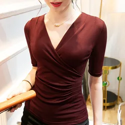 Women Soft Mesh T-shirt V-NECK Solid color Lady Tees Half Sleeve Summer Women's clothings All match Female T-shirts