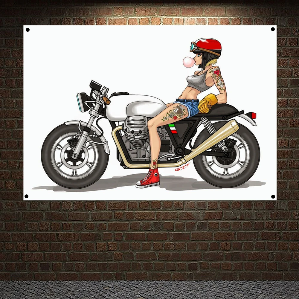 Cartoon Moto Lady With Tattoos Banner Flag Wall Hanging Sexy Girl Nude Art Canvas Painting Tapestry Motorcycle Poster Flip Chart