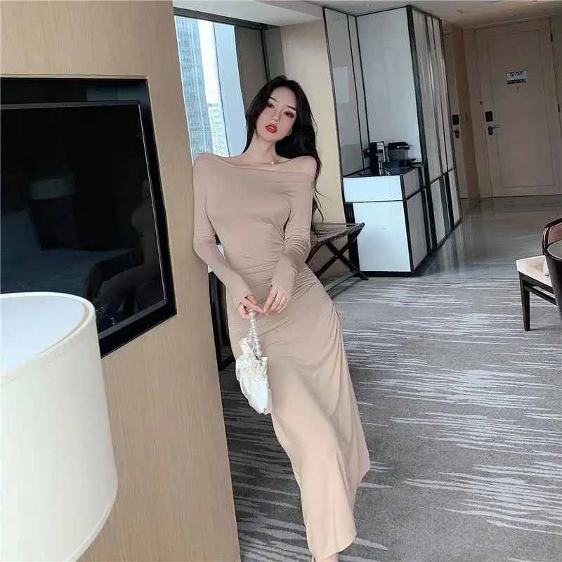 Off Shoulder Party Dresses Sexy Slash Neck Shirring Irregular Dress Spring Autumn Long Sleeve Bodycon Midi Dress Womens Clothing