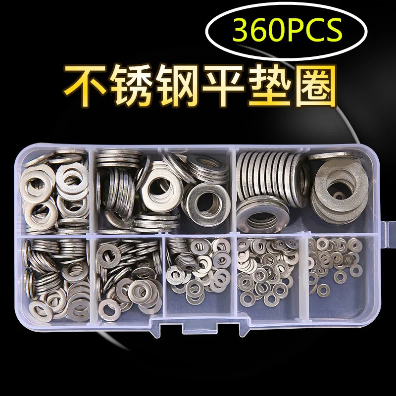 360Pcs/set M2 M2.5 M3 M4 M5 M6 M8 M10 Stainless Steel Flat Washer Plain Washer Gaskets Assortment Kit