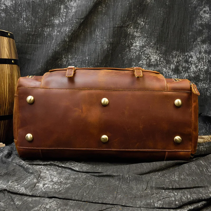 Bolsa de viagem de couro de vaca genuína para homens, mochila vintage, mala de ombro grande de fim de semana, cavalo louco