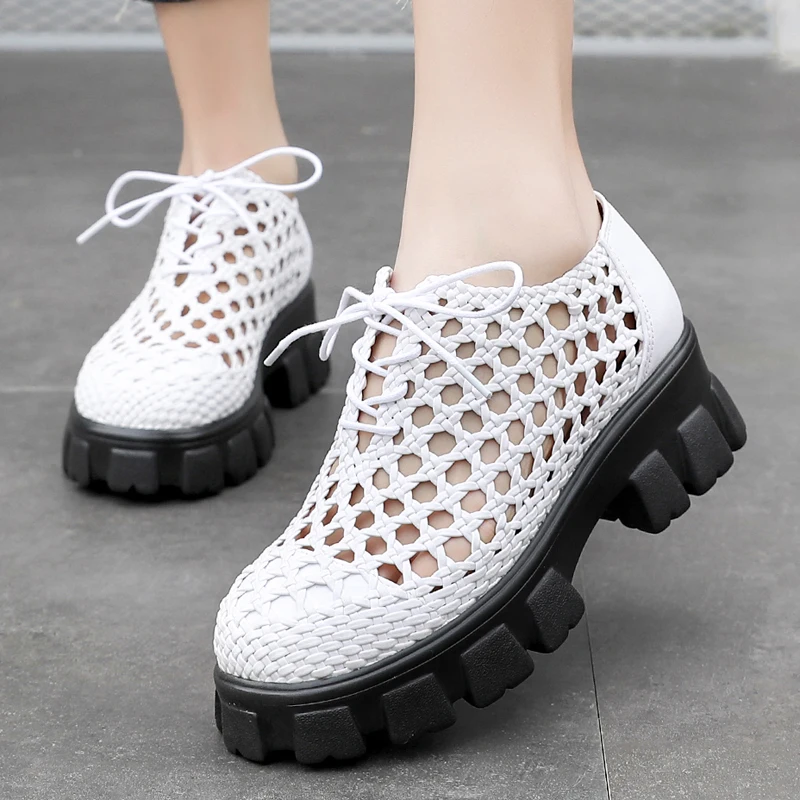 GKTINOO New Genuine Leather Women Shoes Spring/summer Hollow Breathable Flat Platform Shoes Woven Hole Handmade Shoes Woman