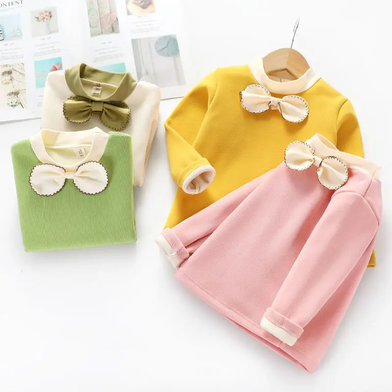 

2020 New Cute Bow Girls' long sleeve T-shirt plush Warm New children's Autumn Winter Turtleneck Bottoming Shirt Tops Cotton