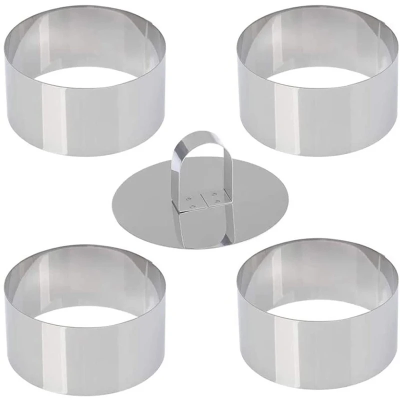 4 Piece Round Stainless Steel Mousse Cake Mold Baking Tools-Making Cake Decoration Tools,Includes 3 Rings And 1 Food Press