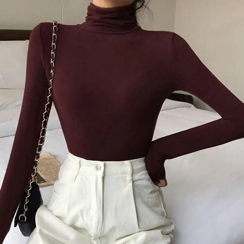 Dropshipping!!Women\'s Pullover Tops Slim-fit Thermal Solid Color High Collar Long Sleeve Sweater