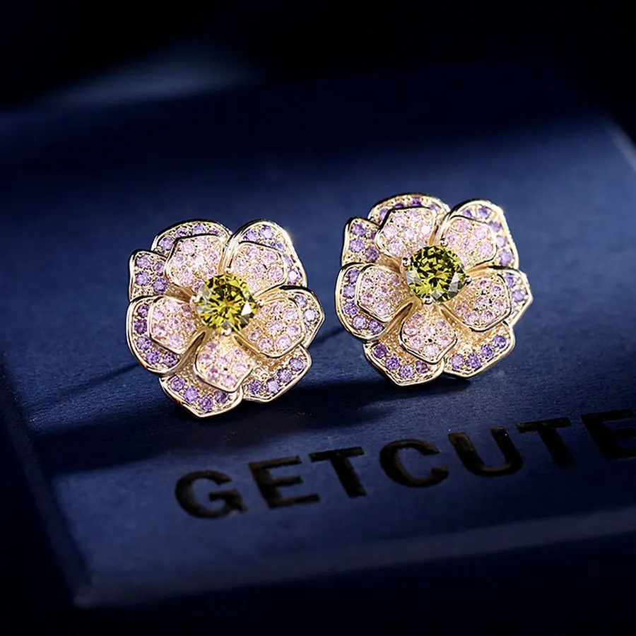 1 Pair Fully-Jewelled CZ Rose Flower Stud Earrings Elegant Luxury Fashion Sexy Earring For Woman Party Gift New Arrival