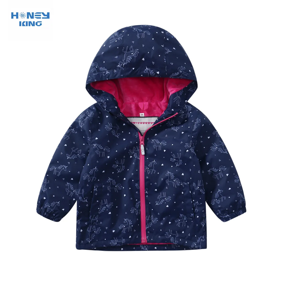 HONEYKING Baby Jacket Spring and Autumn Girls Jacket Kids Cartoon Unicorn Hooded Fleece Waterproof Jacket Outerwear Child's Coat