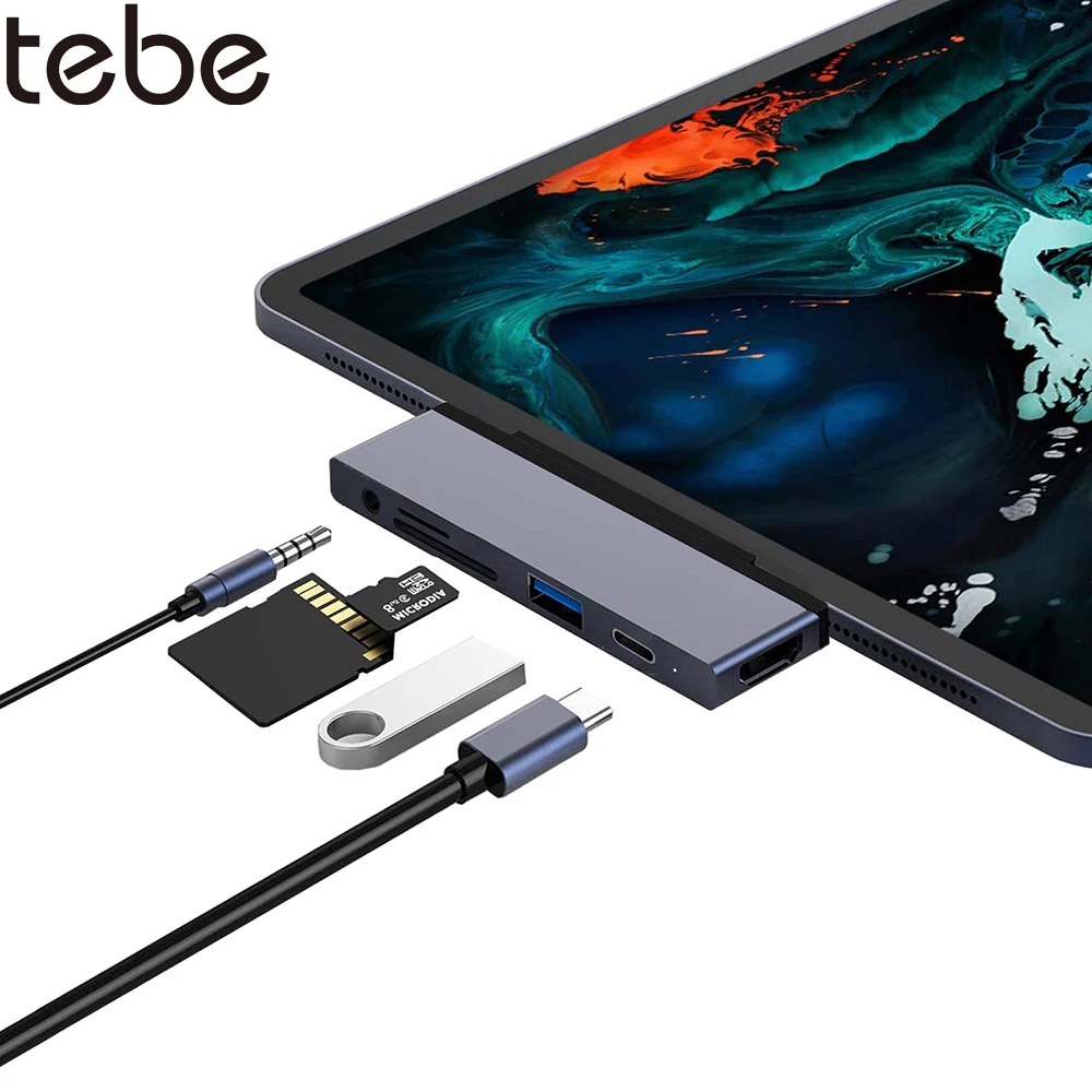 

tebe 6 IN 1 USB C Hub Type-c to 4K HDMI-compatible USB PD 3.5MM Aux Headphones SD/TF Adapter For iPad Pro/Air 4 2018 2020