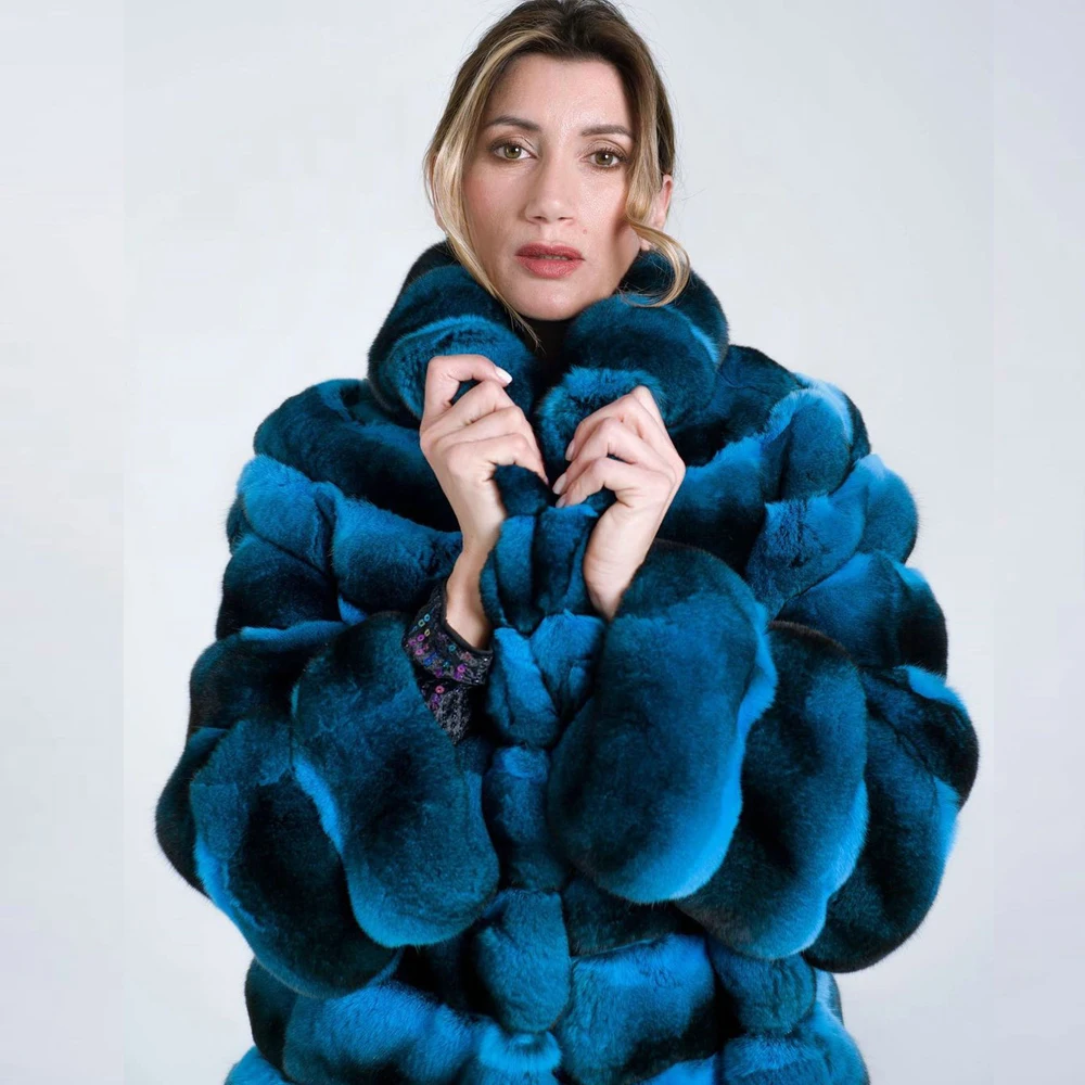 Light Blue Real Rex Rabbit Fur Jacket with Turn-down Collar High Quality Winter Fashion Rex Rabbit Fur Coats Natural Women